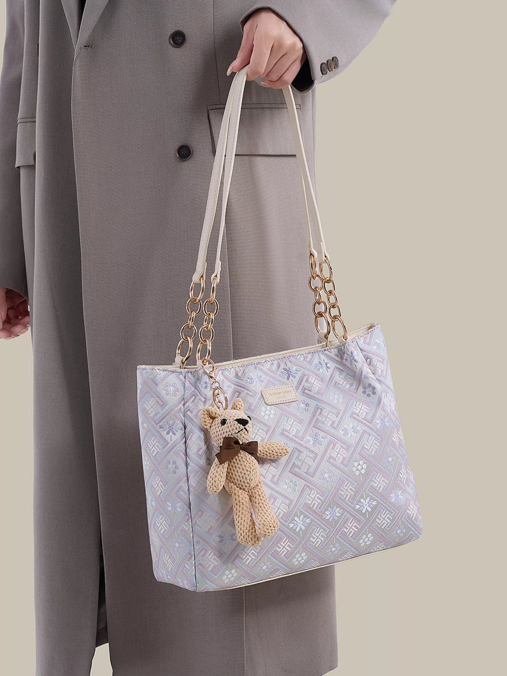 Pink purple jacquard shoulder bag with teddy bear charm