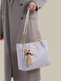 Pink purple jacquard shoulder bag with teddy bear charm