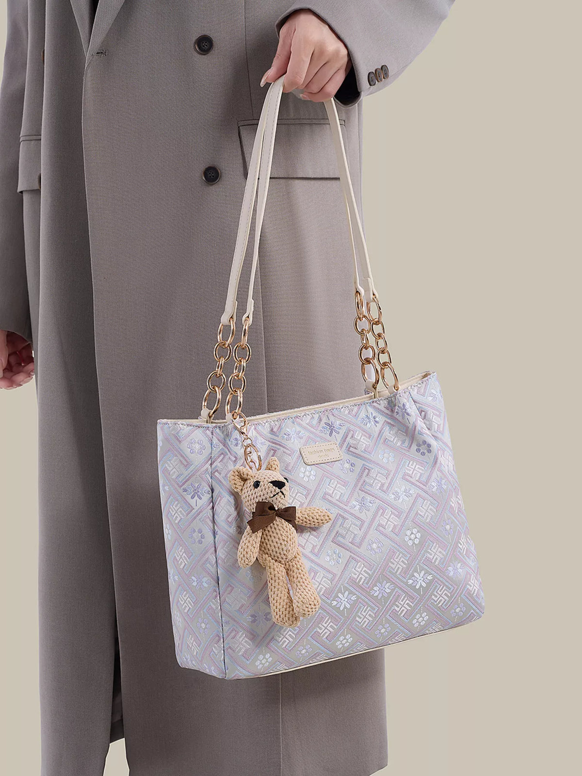 Pink purple jacquard shoulder bag with teddy bear charm