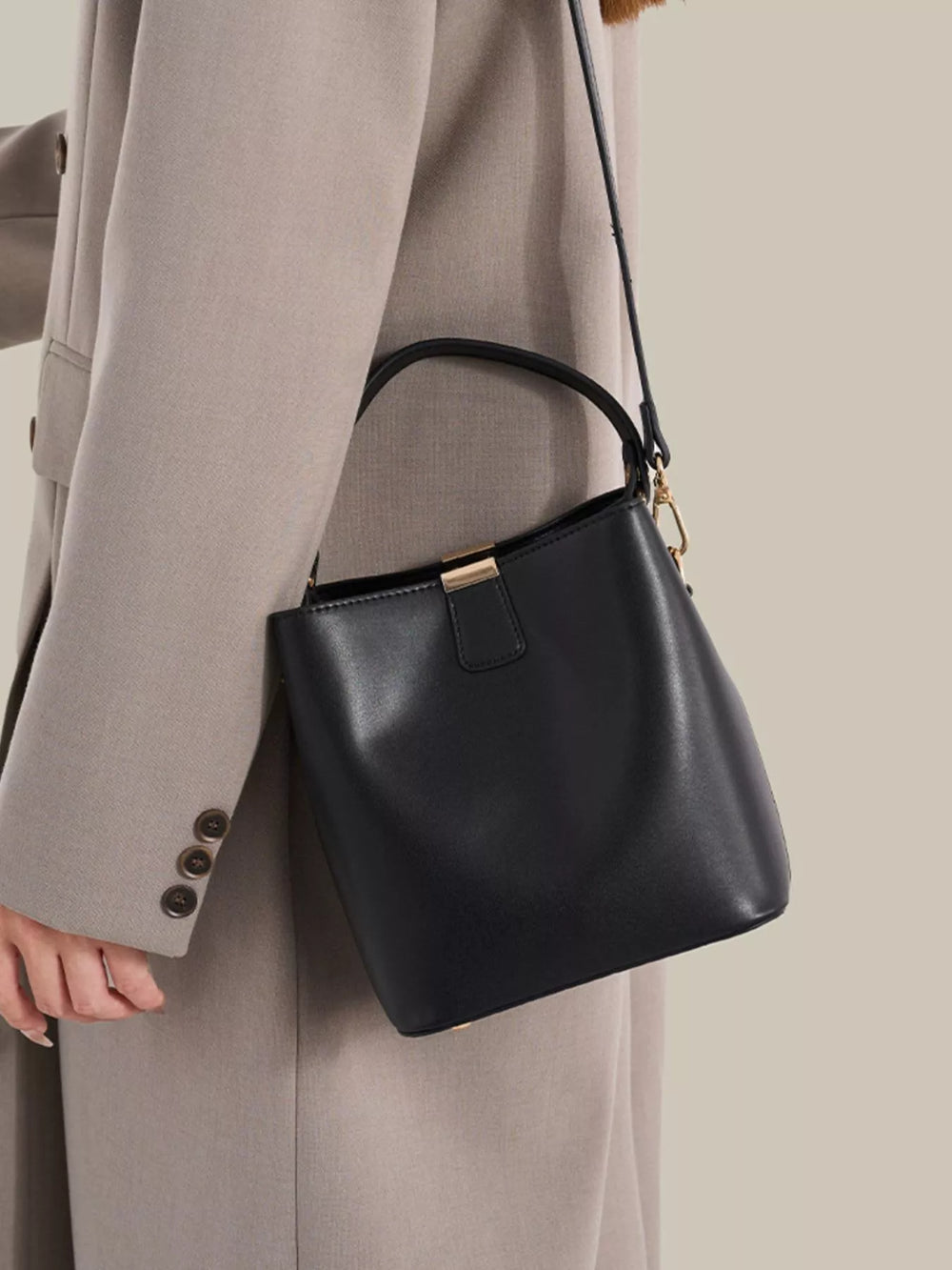PU Leather Bucket Crossbody Bag with Gold-Tone Hardware